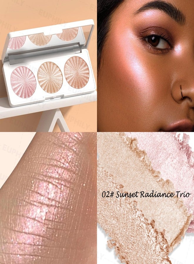 Euphily 3 Colors Highlighter Makeup Palette, Face Highlight Makeup Contour Powder, Waterproof Long Lasting Glitter Face Illuminator Highlighter for Women, 02 Sunset Radiance Trio - Image 3